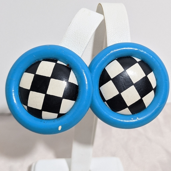 Vintage 80's Blue Black & White Checkered Earrings - Picture 1 of 3